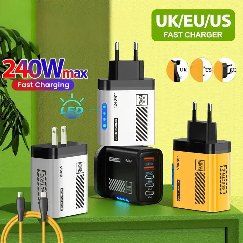 

240W Fast Charging Multi Port Charger 2usb+3 Type C 240W With Light Phone Gan Charging Head For Iphone 16 15pro Adapter