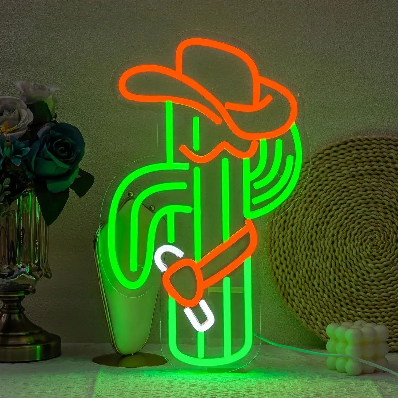 

XM Cowboy Hat Neon Cactus Neon Wall Decoration LED Green Neon USB Power Supply for Bar Games Room Men's Cave Club