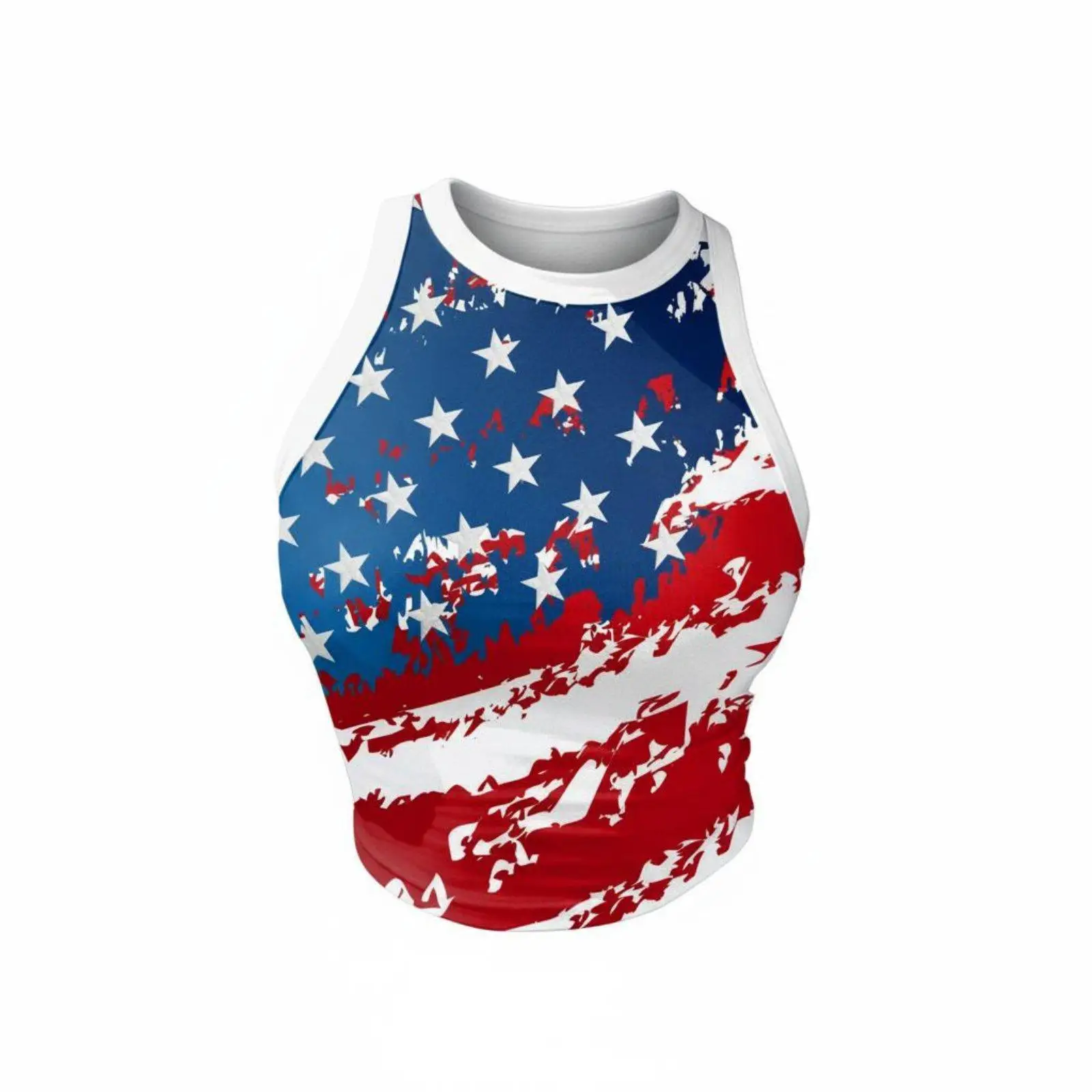 Patriotic Crop Close Fit American Flag Crop Printed Digitally Print Round Neck Sleeveless Vest for Teens