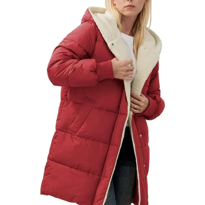 Women's Clothing Solid Warm Fleece Hooded Cotton Coat Long Sleeves Double-sided Velvet Slim Fit Elegant Cardigan Outerwear Top