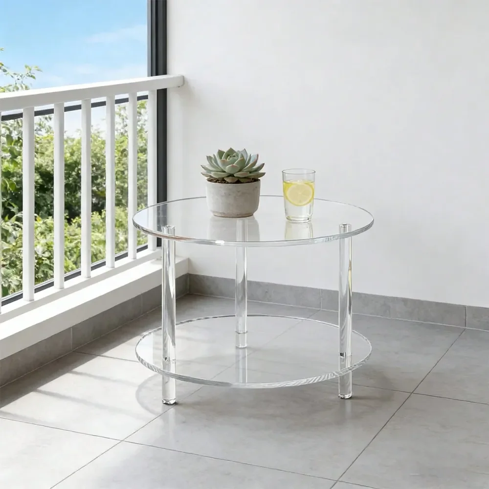 Acrylic Round Coffee Table, Easy To Assemble DoubleLayer With Storage Shelf, 11.81 15.75in Wide 13.77in High, Modern Center Tab