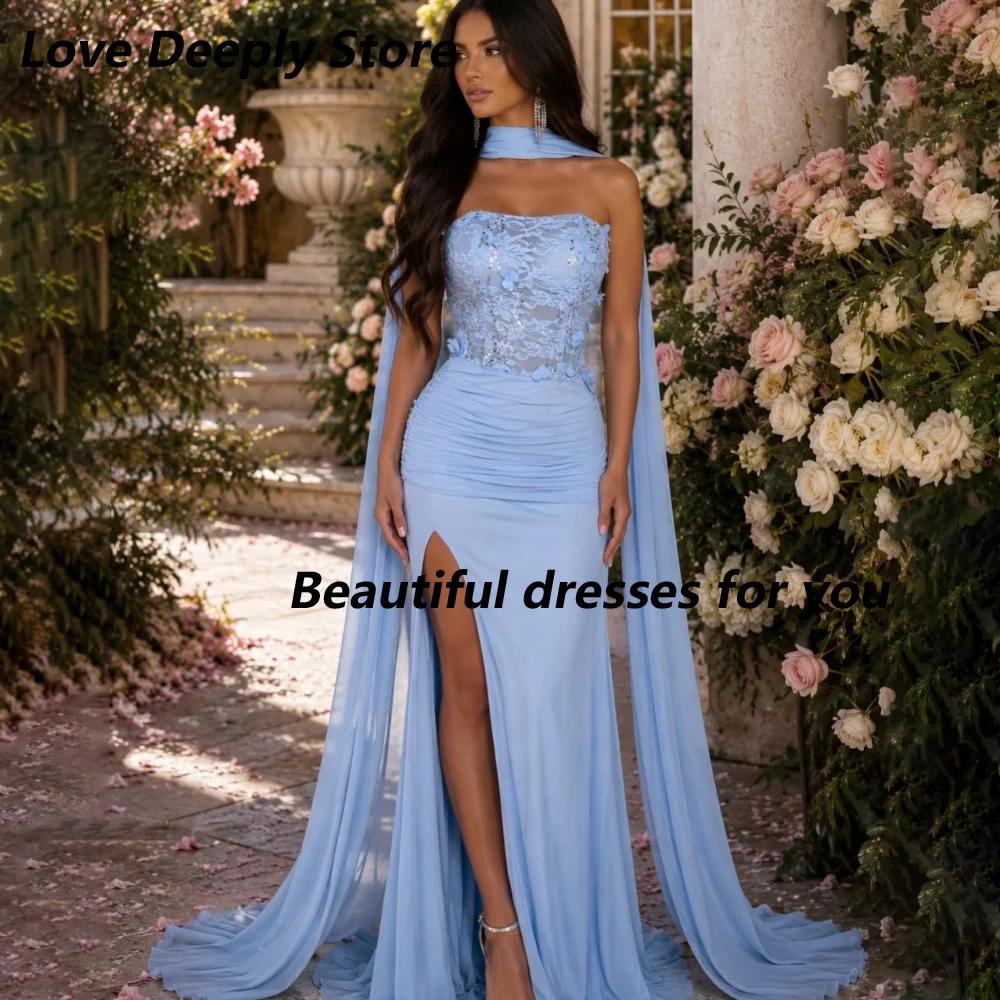 Customized Sky Blue Mermaid Mother Of The Bride Gown Strapless Appliques High Split Chiffon Cape Scarf Wedding Guest Dress