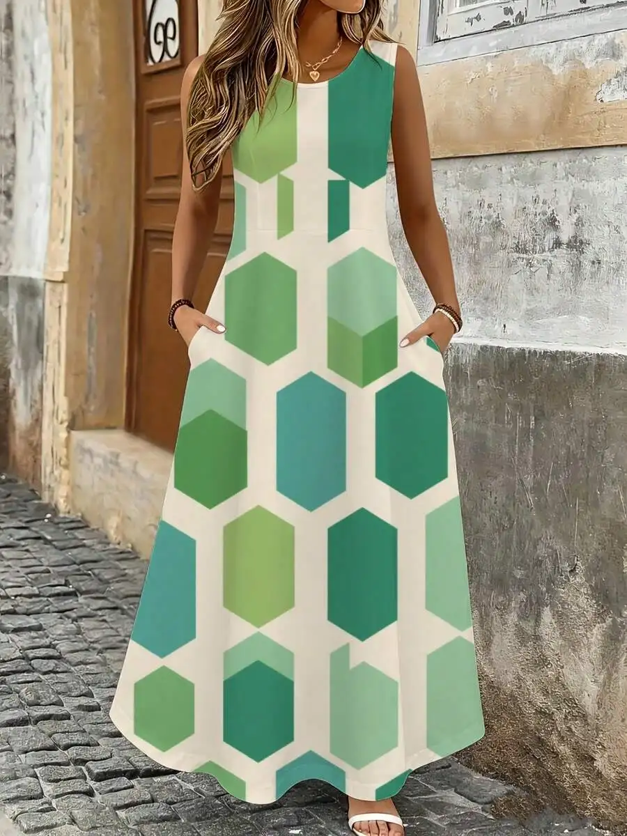 

Sleeveless Maxi Dress Green White Geometric Pattern Summer Beach Vacation Wear