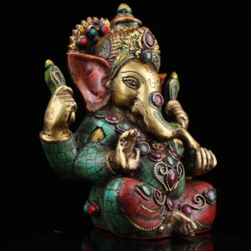 5.9 Inch Old Tibetan Pure Copper Hand-Inlaid Gold Elephant Luggage Buddha Statue