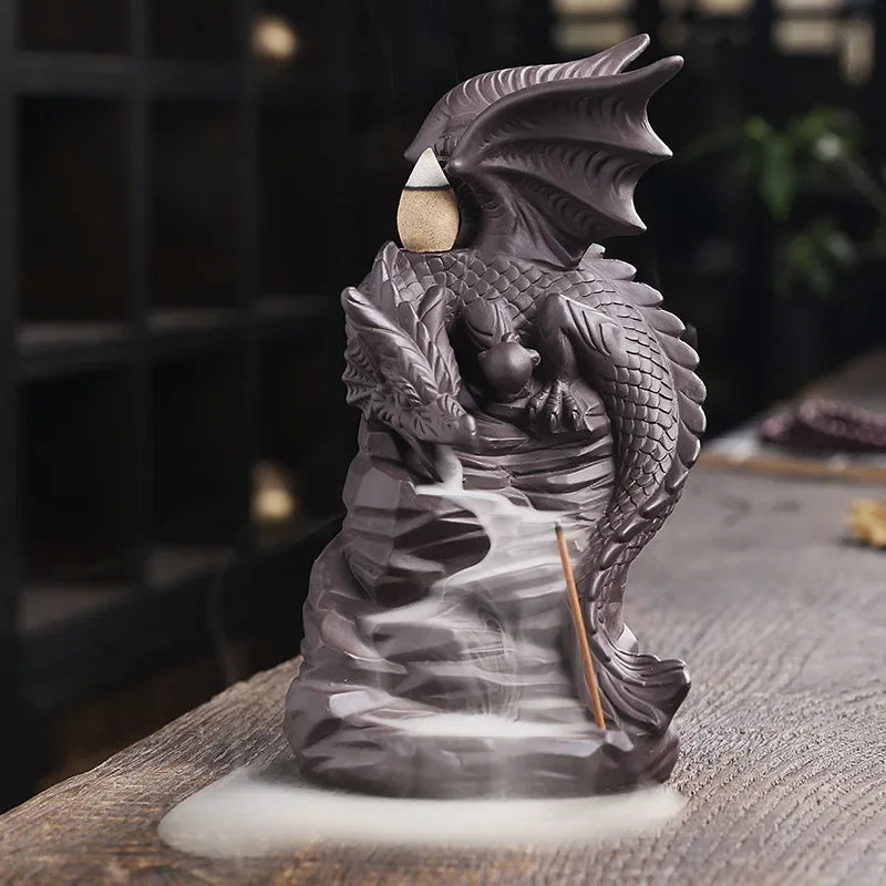 Creative Pterosaur Handicrafts Waterfall Backflow Incense Burner Dragon  Stick Holder Purple Clay Censer