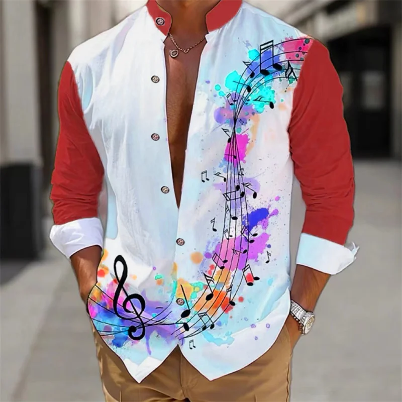 Men\'s shirt long-sleeved fashion cardigan music notes shirt Hawaiian 3D printed shirt XS-6XL super large size shirt comfortable