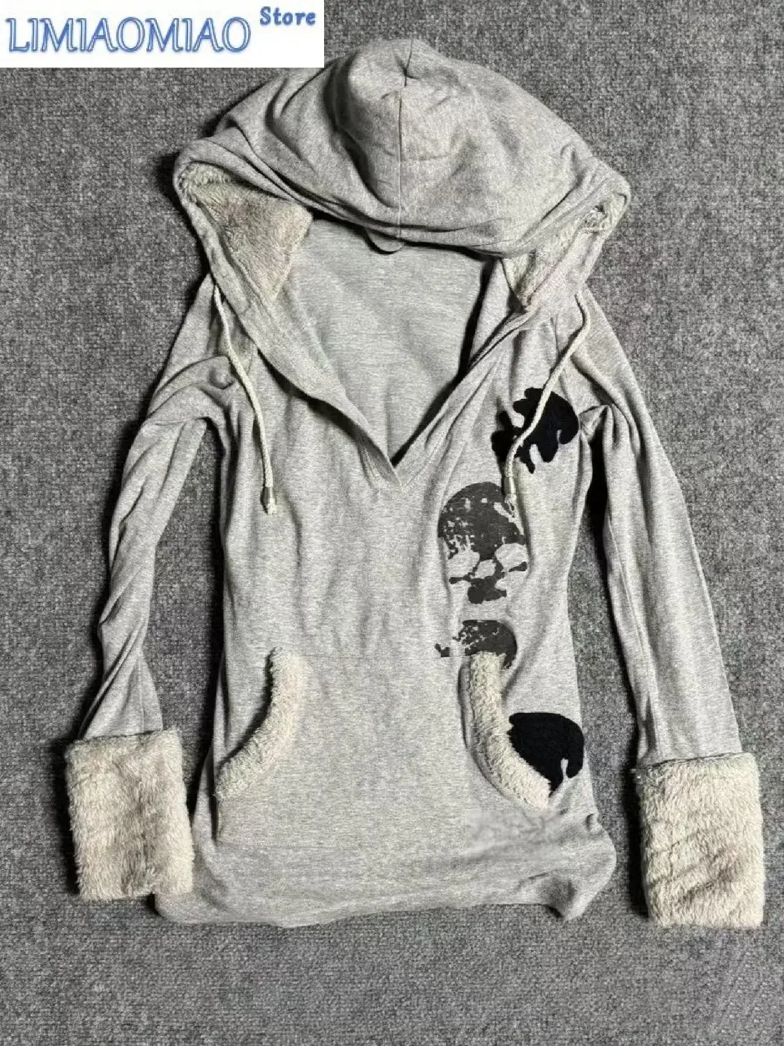 Gothic Grunge Clothes American Vintage Original Gray Lambswool Hooded Sweatshirt Print Slim Spring Autumn Top Hoodie Women Tops