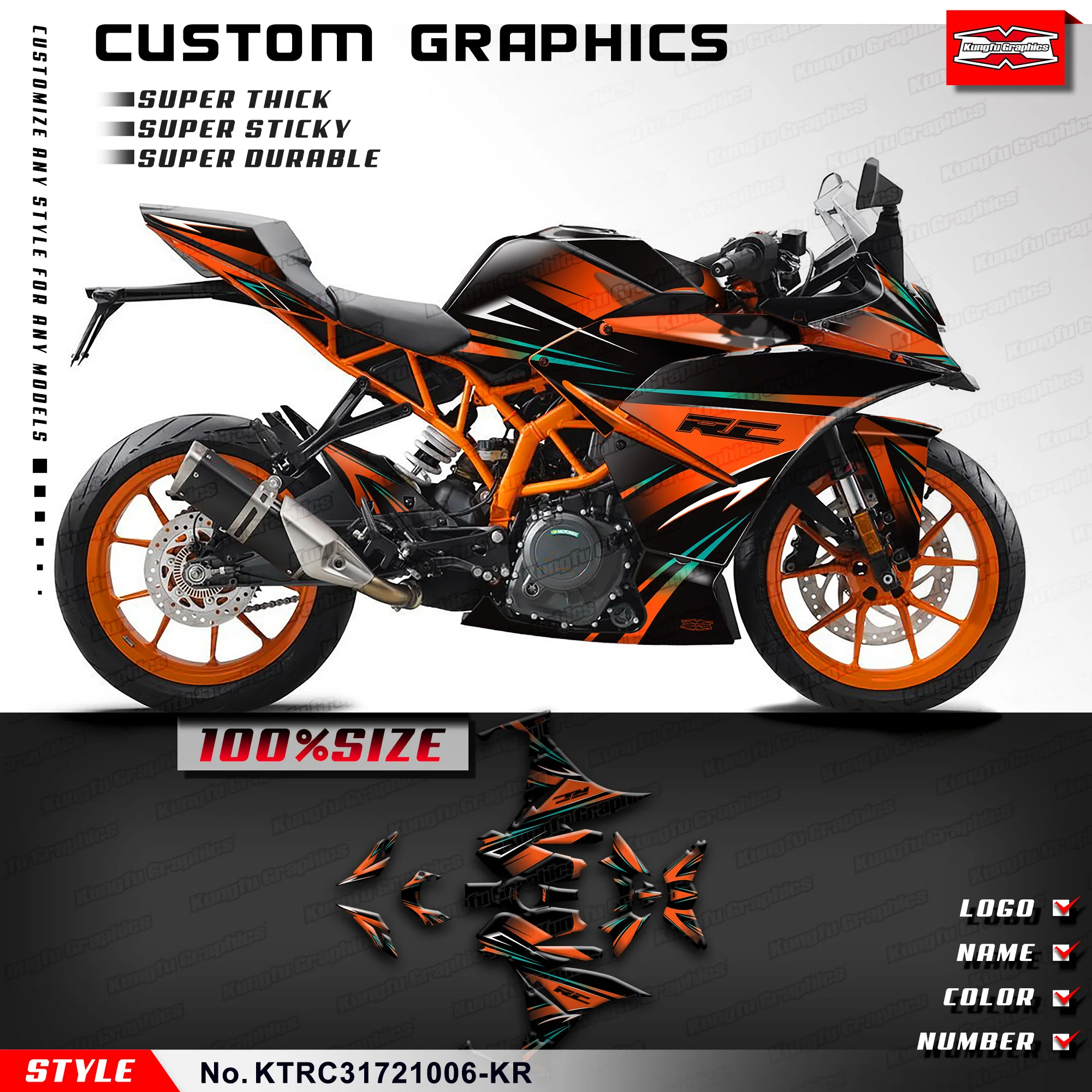 KUNGFU GRAPHICS Motorcycle Graphics Stickers Complete for KTM RC 125 200 250 390 2017 2018 2019 20 21 22 23 24 , KTRC31721006-KR