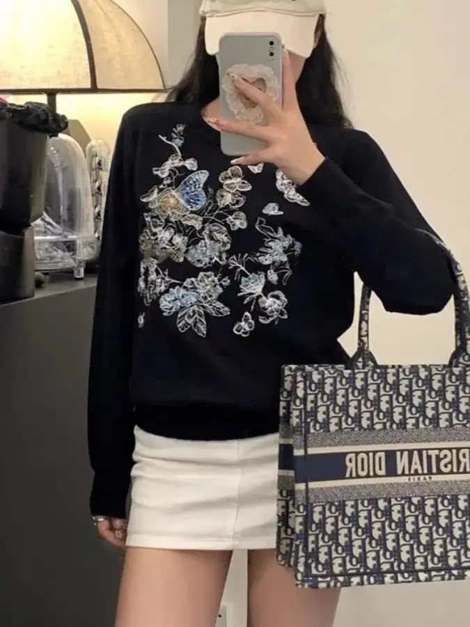 Summer Butterfly Flower Embroidery Sweaters Women Knit T-Shirt Design O-Neck Small Fragrant Short Sleeve Knitwear Pullover Mujer