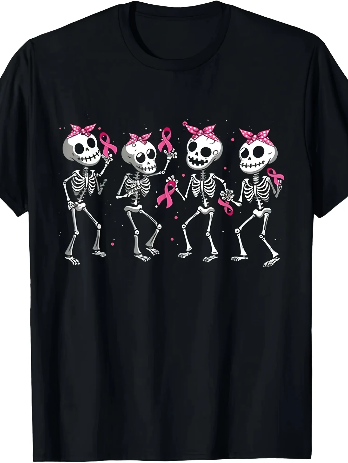 Pink Ribbon Breast Cancer Charity Skull T-shirt for Boys and Girls, The Same for Men and Women, 2025 Summer Short-sleeved Printing Pure Cotton 220g