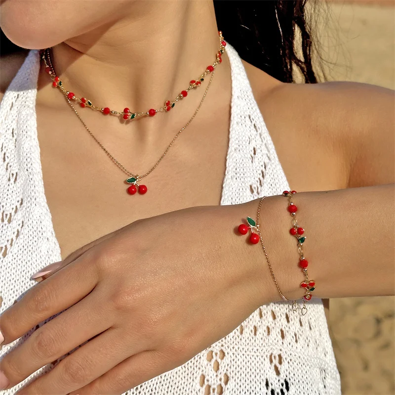 Nette Süße Rote Kirsche Kette Armband Halskette Für Frauen Vintage Gold Farbe Blume Obst Schlüsselbein Fußkettchen Hochzeit Schmuck – Detail 4