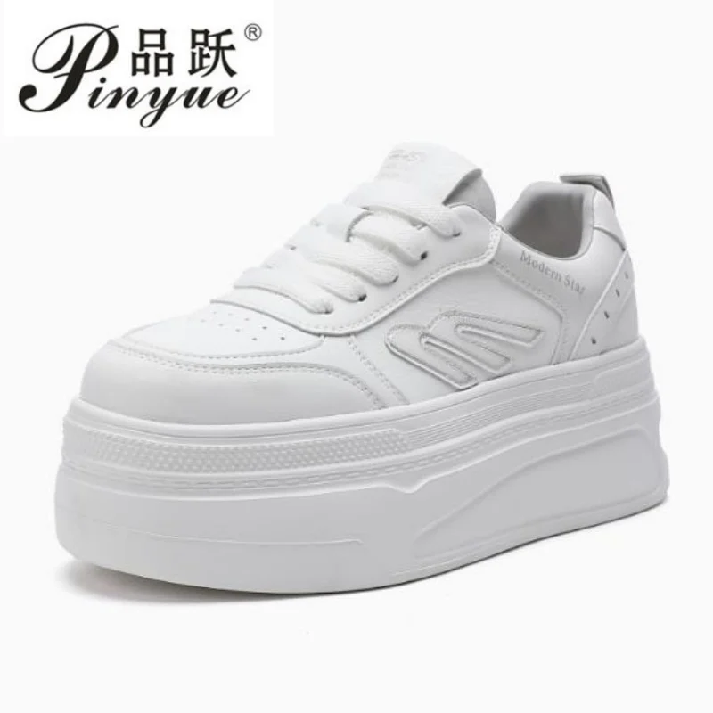 

7cm Genuine Leather Women Casual Shoes Chunky Sneakers Skateboard Vulcanize Lady Comfy White Platform Wedge Hidden Heel 33-39