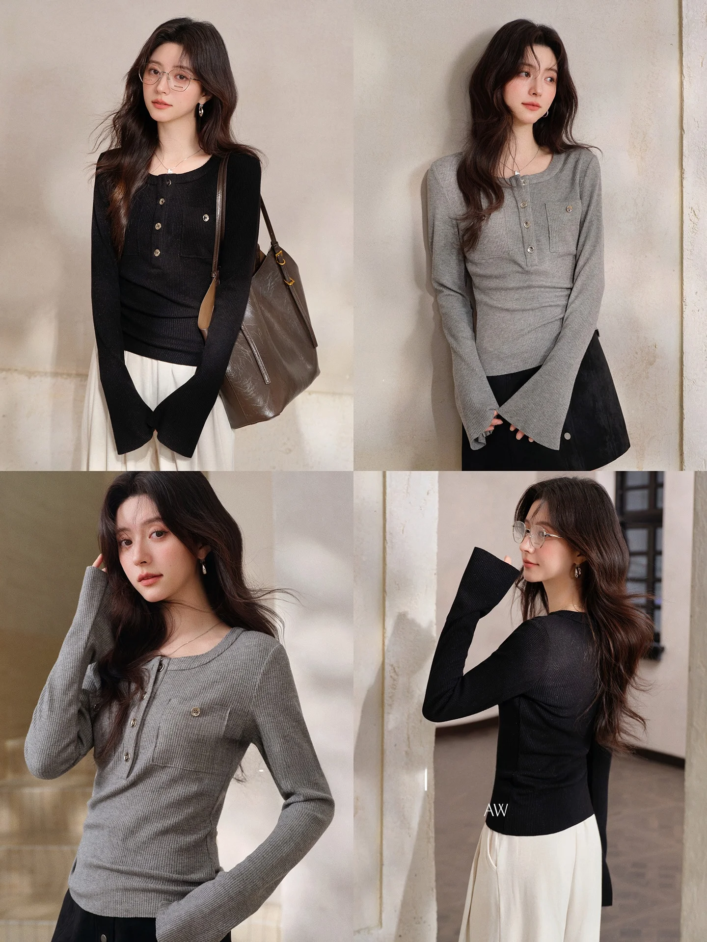 

Silver Tead Knitted round Ne T-irt Women's Slim Fit Elastic Spring Top Casual Versatile Long Sve Casual Wear