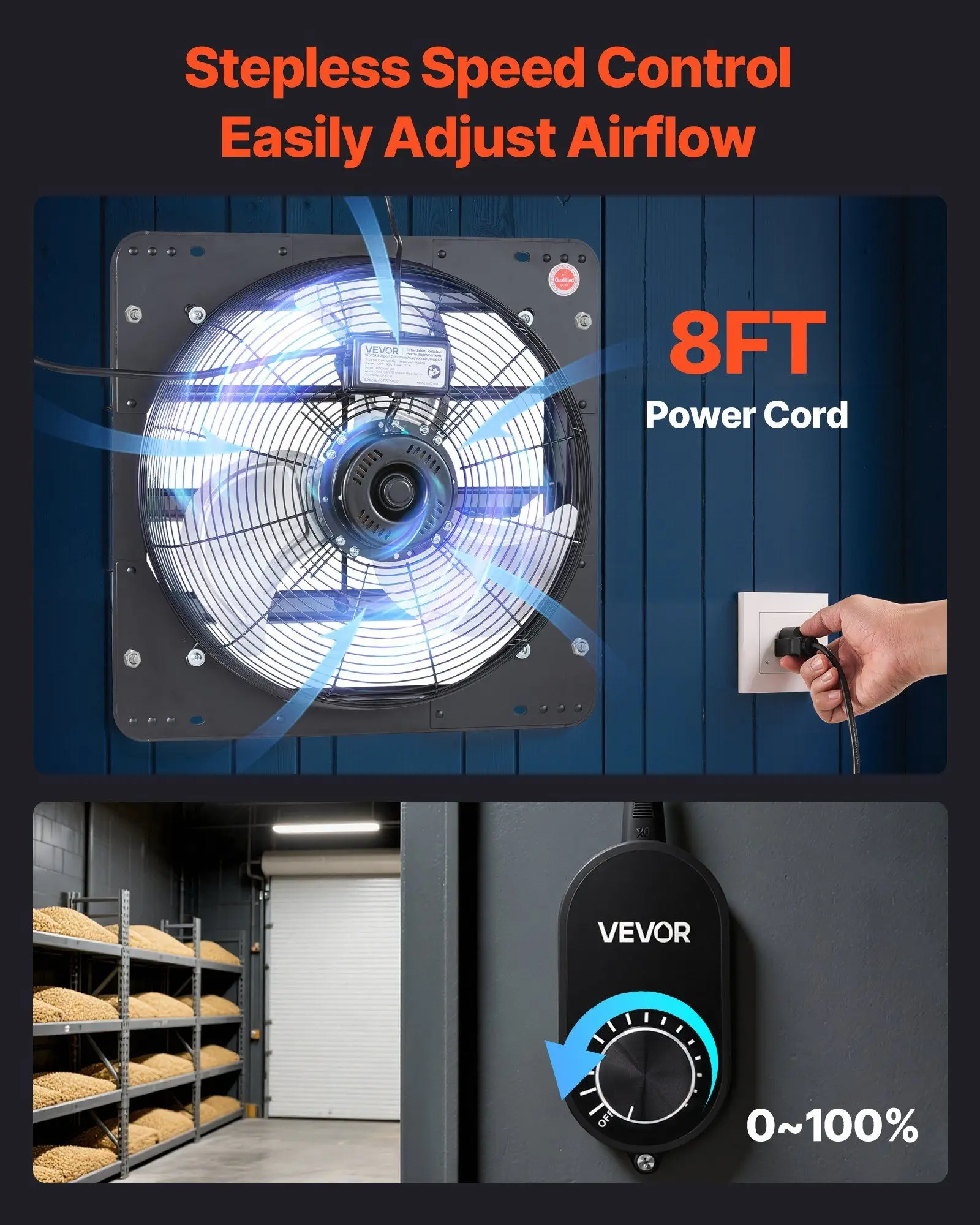 مروحة عادم مصراع 18 بوصة 2200 CFM مروحة علية مثبتة على الحائط مع وحدة تحكم متغيرة السرعة منخفضة الضوضاء لتهوية سقيفة المرآب