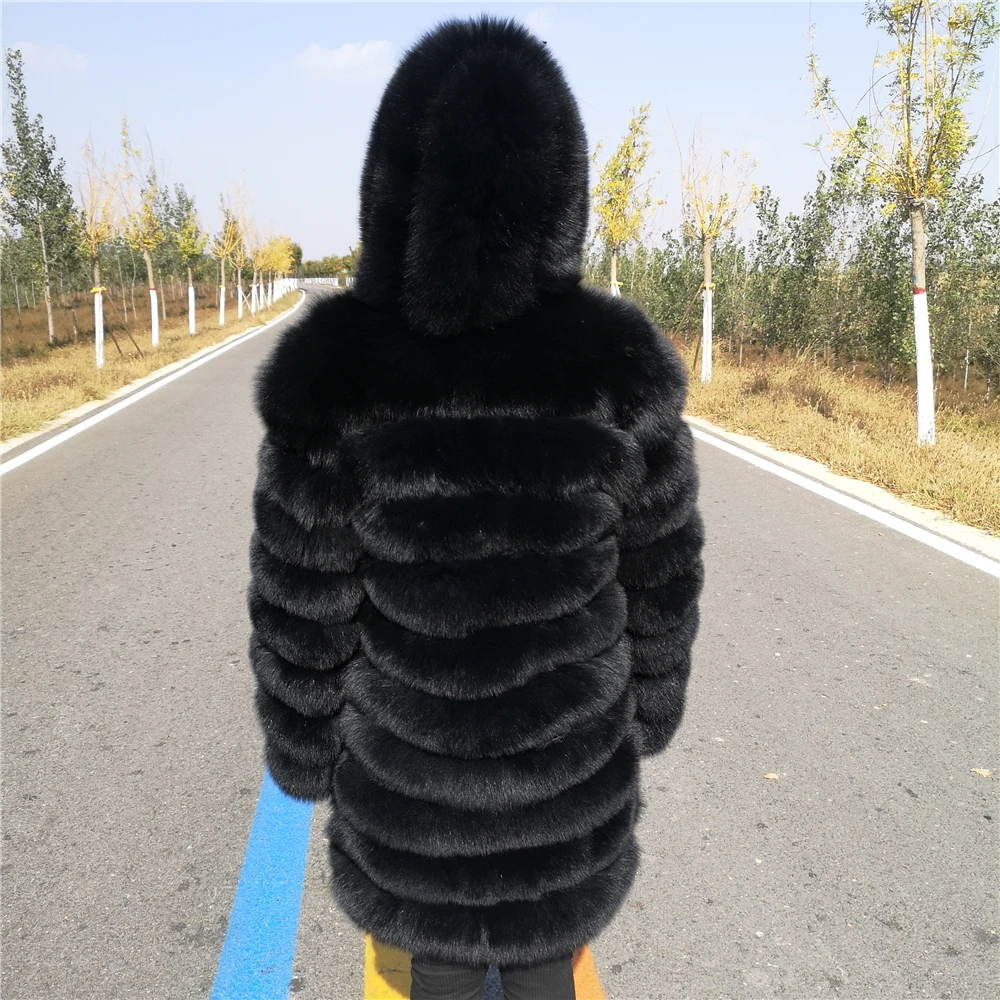 

Winter Hooded Fox Fur Long Coat Real Blue Fox Fur Jacket With Hood Women Detachable Full Sleeves Natural Silver Fox Female