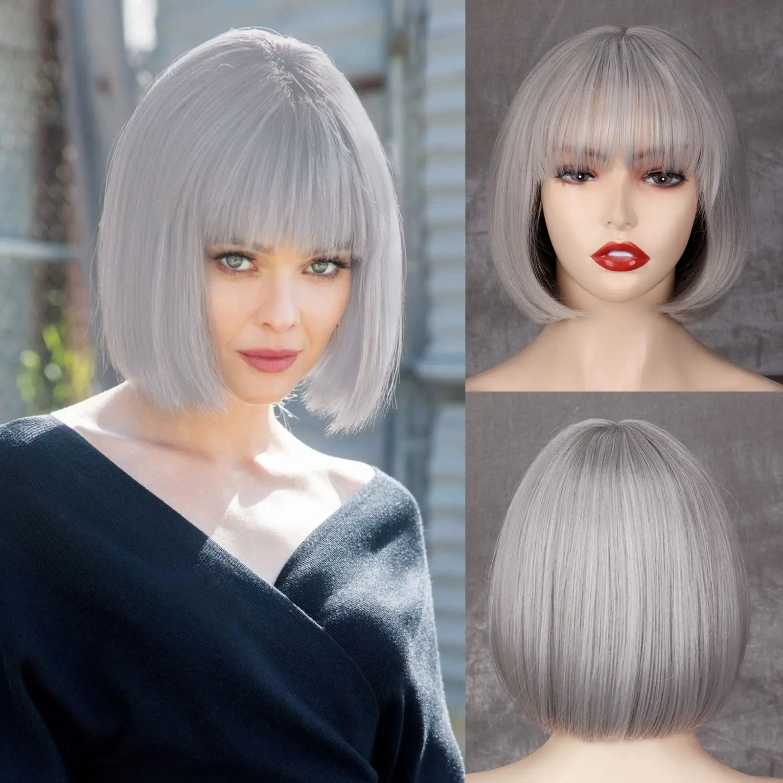 Grey straight hair synthetic wig with bangs, fashionable Bob wig, daily Halloween role-playing, high-temperature silk wig