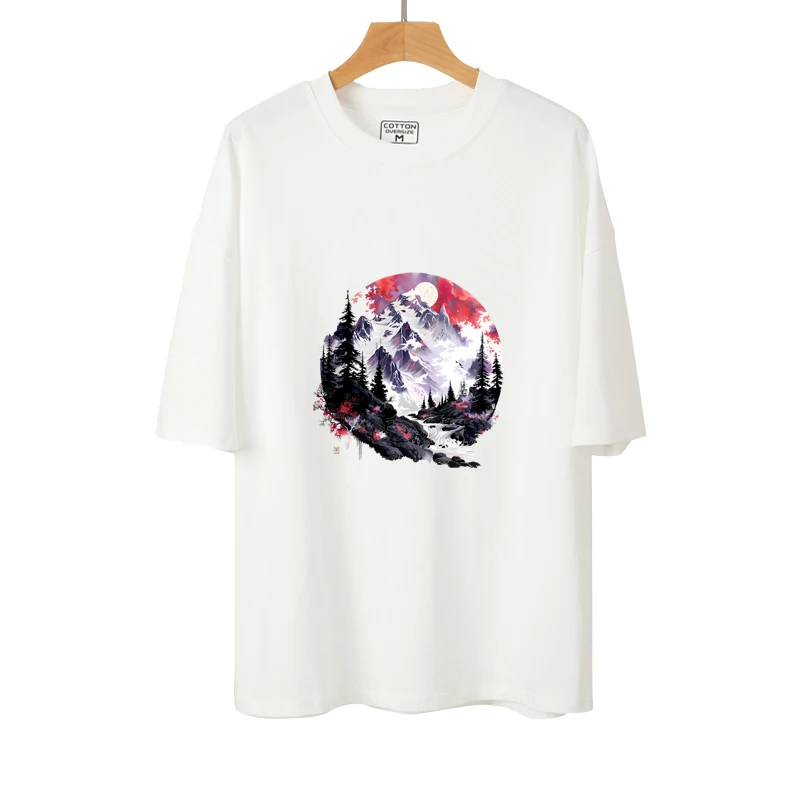 24cm Fashion Outdoor landscape heat transfer stickers beaches snow capped mountains and lakes DTF vinyl patch ironing on clothes