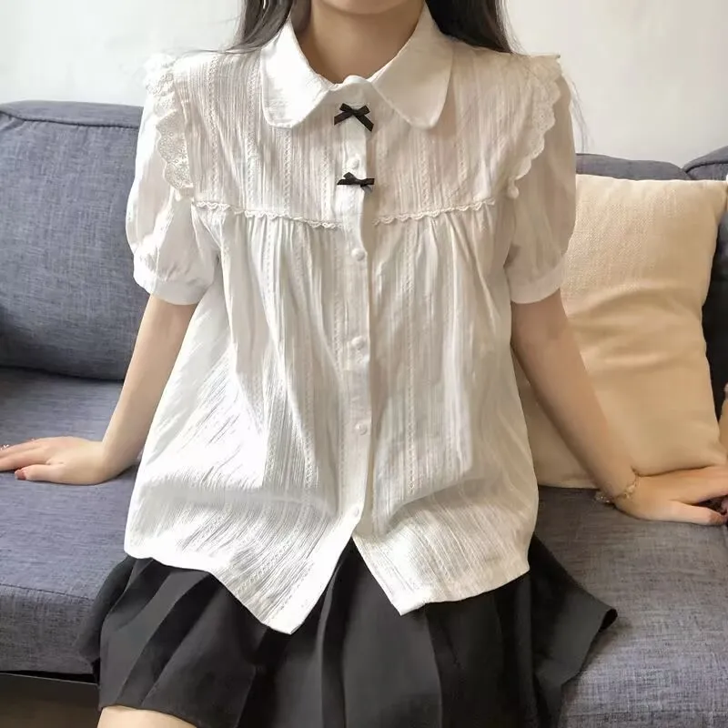 Kawaii Lace Blouse Lolita Korean Sweet Peter Pan Collar Shirts for Women Collar Short Sleeve Shirt Girl Summer Cute Top Mujer