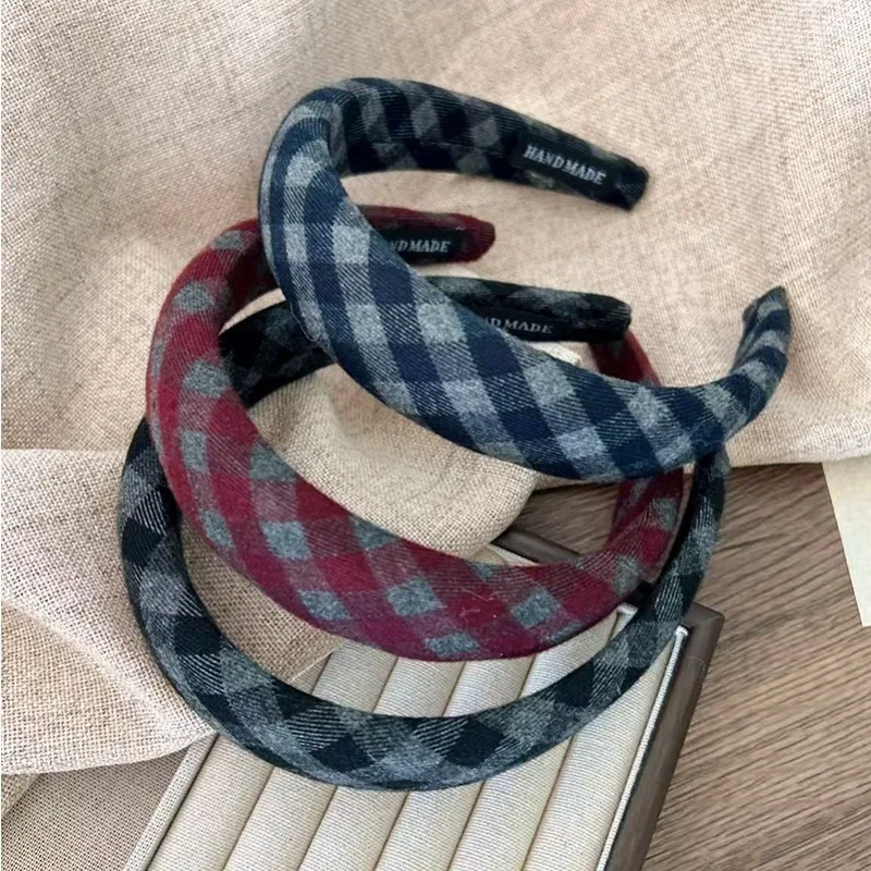 

New retro commuter plaid sponge headband, high-end rhombus pattern headband, Korean style, high cranial top temperament pressure headband