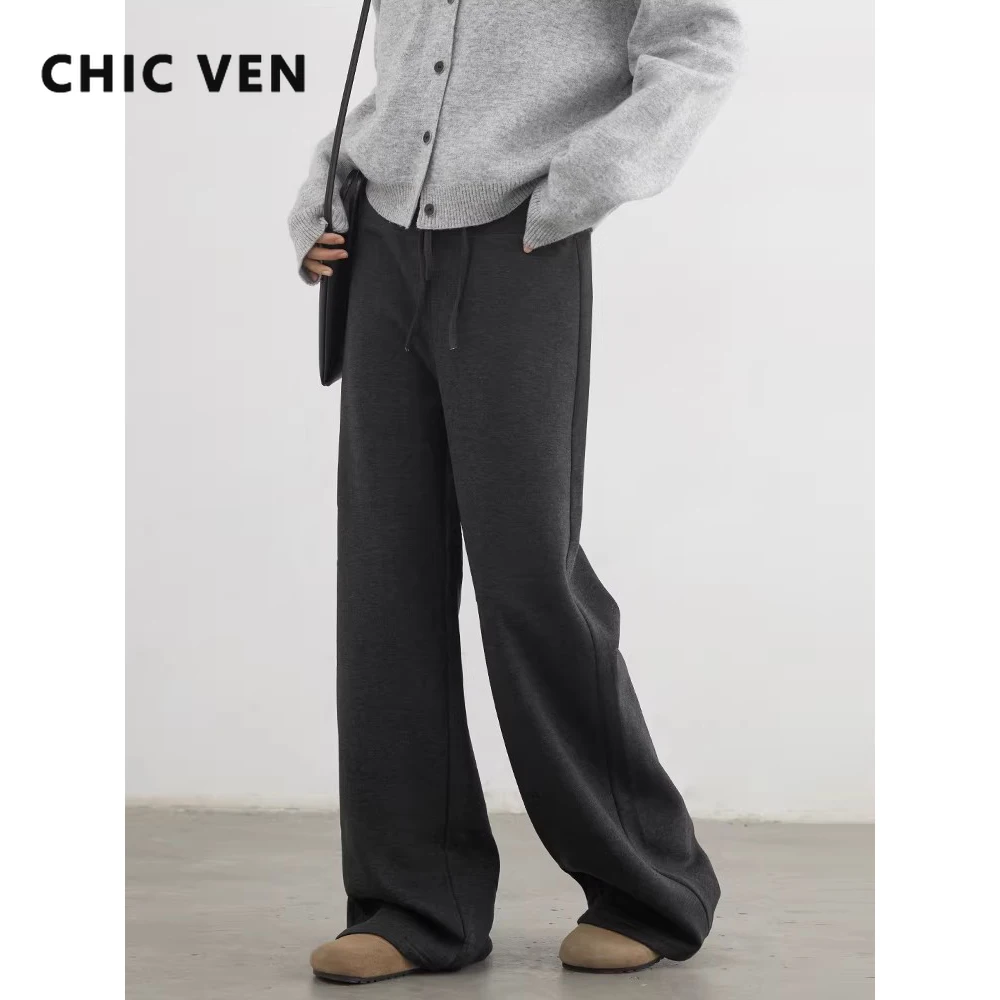 

Женские брюки CHIC VEN, корейские однотонные прямые брюки полной длины с высокой талией, плюшевые повседневные базовые теплые женские брюки, осень-зима 2025