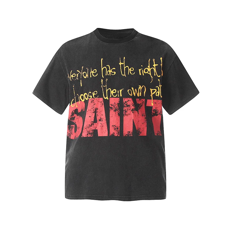 Full Golden Letters Print Oversized T Shirt High Street Red Logo Saint T-Shirt Cotton Vintage Washed Black Tee Tops