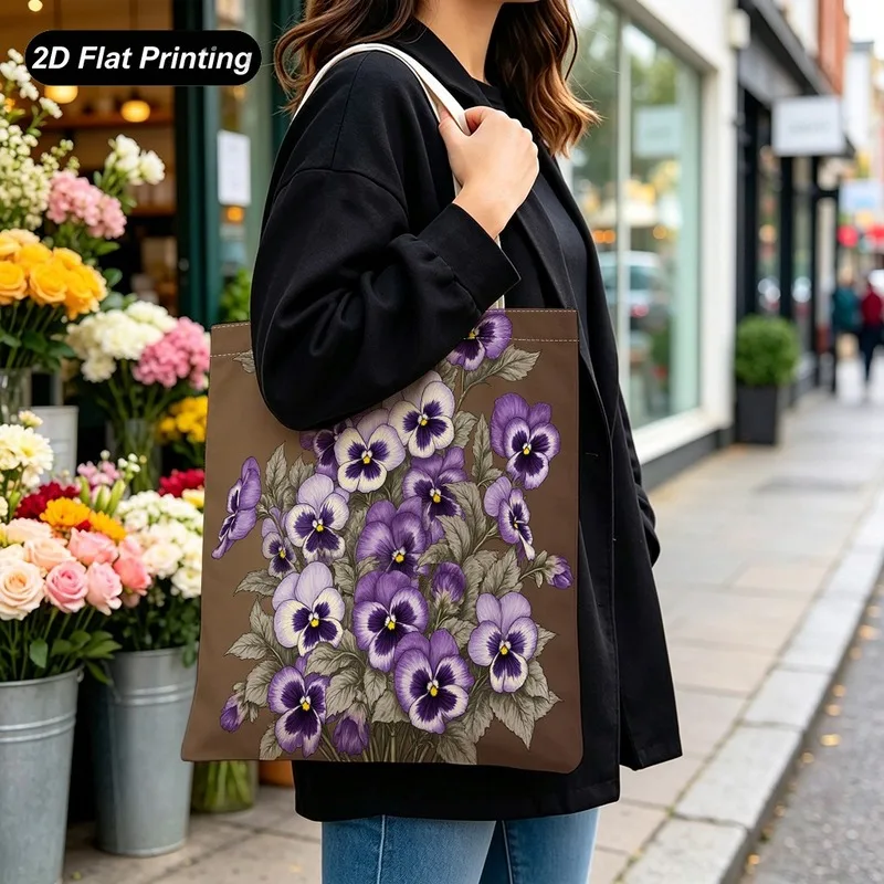 1PC【Tote Bag】Printed Design - Not Textured 2DFlat effect Vintage Purple Pansy Print Tote Bag，Large-capacity new model，Suitable f