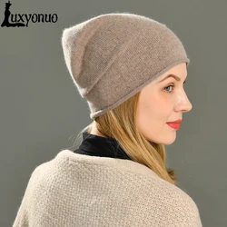 Luxyonuo Cashmere Slouchy Beanie Hat for Women Plain Winter Crimping Wool Knitted Warm Skullies Gorros Female Cap Solid Color