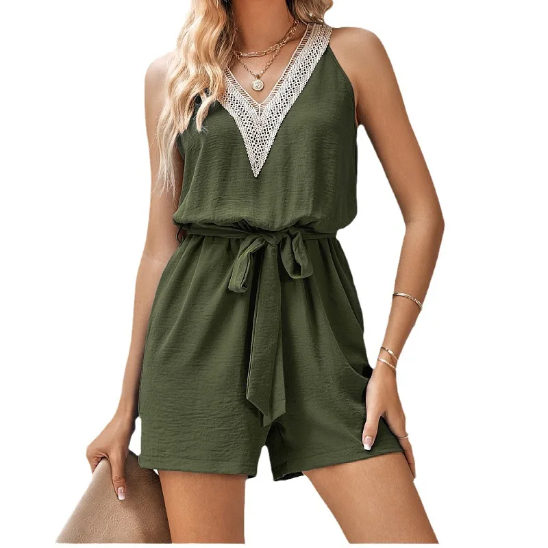 Women Summer Lace Patchwork Playsuit Casual V Neck Sleeveless Lace Up Office Lady Vacation Rompers Streetwear OL Shorts Jumpsuit