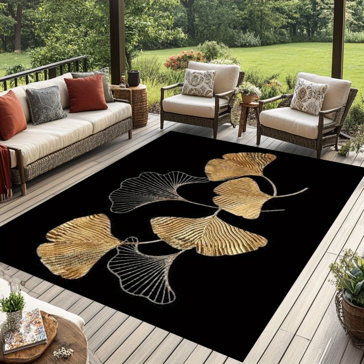 Alfombra de Franela con Estampado de Hojas de Ginkgo, Diseño Dorado y Plateado, Alfombra de Lana Suave para Exteriores, Jardín, Patio, Decoración Natural