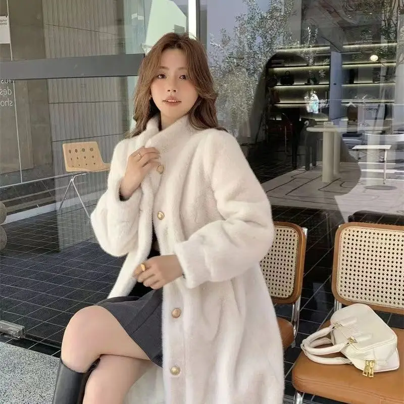 Faux Fur Elegant Coats Womens Golden Round Neck Festival Wife Fashionable Brown Streetwear Pockets Flare Waist Drawstring Down