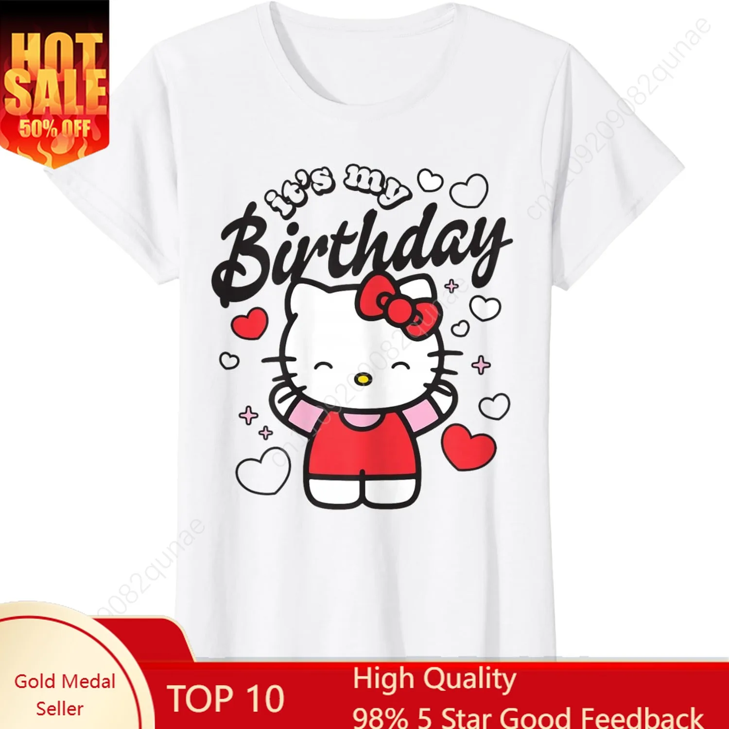 

Hello Kitty It's My Birthday Hello Kitty Happy Cheer Hearts T-Shirt Women Tshirt Female Short Sleeved