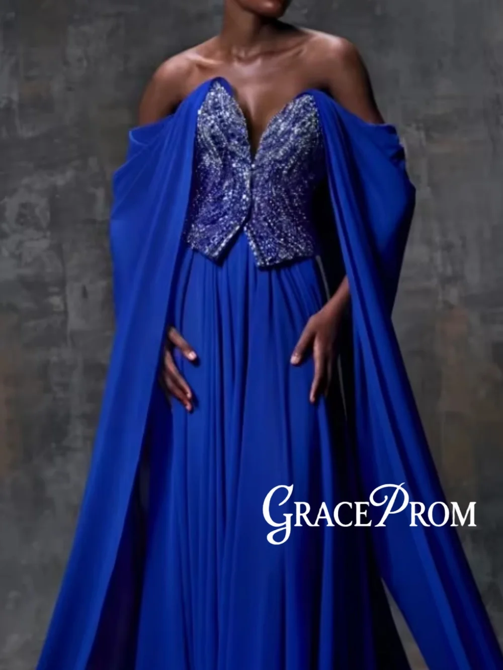 

Blue Beaded Crystal Evening Dress Elegant Cape Sleeve A-line Long Wedding Party Gowns Customized Luxurious Banquet Gowns