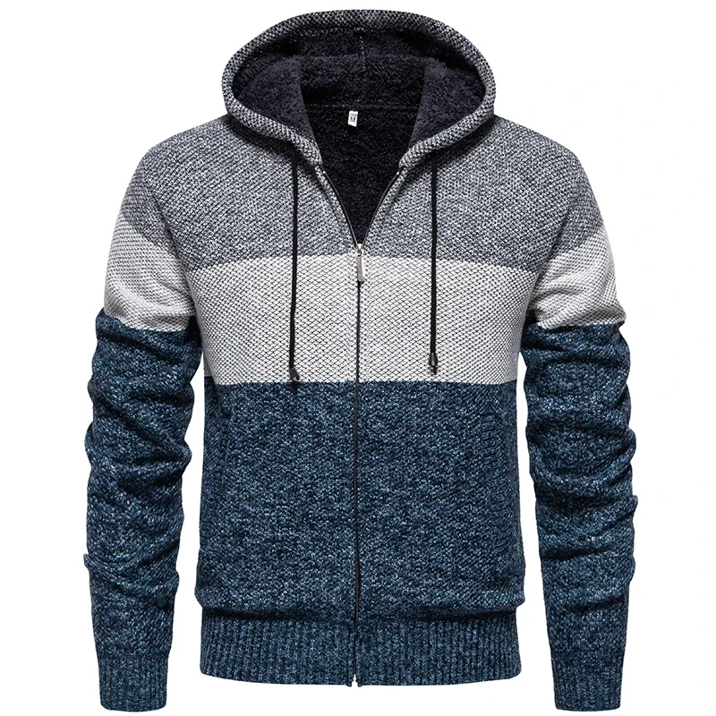 Men Hooded Cardigan Knitted Sweater Coat 2024 Autumn Winter New Warm Thickened Fashion Casual Color Block Jacket Male Clothing