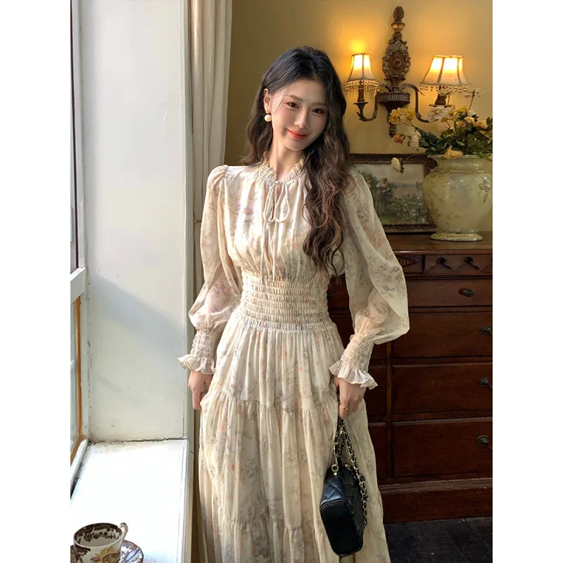 

Spring French Elegant Floral Dress, Chiffon Waistband, Elastic Cuff Long Dress, Long Sleeve Dress