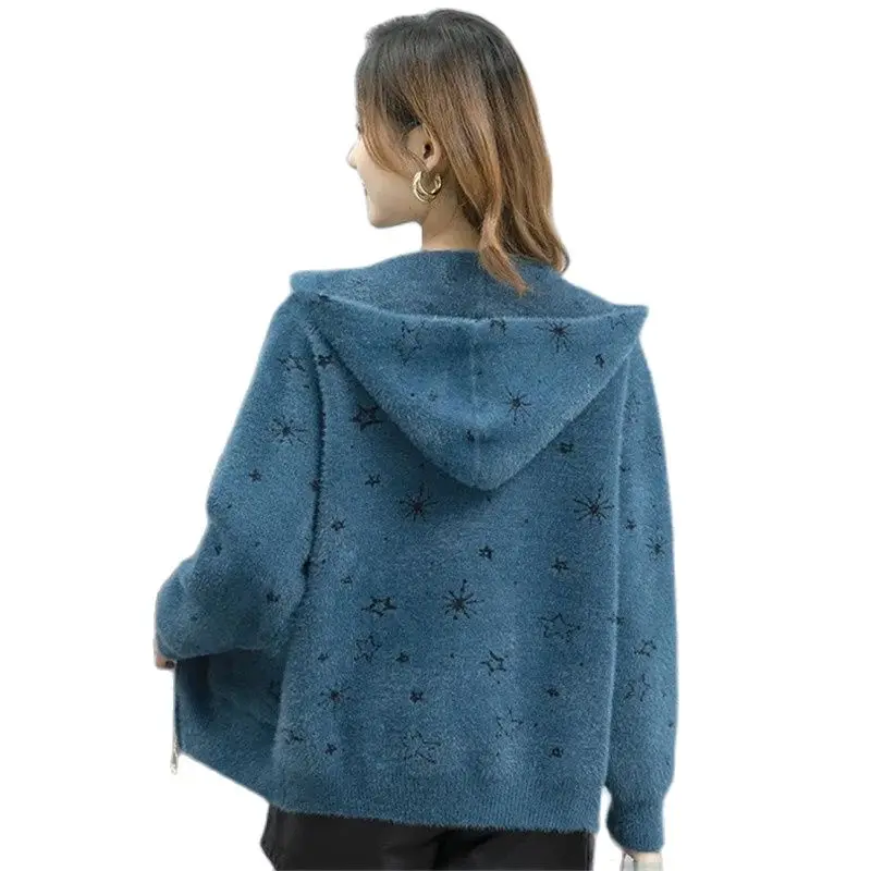 

2023 New Spring And Autumn Woolen Coat Women's Short Joker Hooded Zipper Imitation Mink Wool Cardigan Age-Reducing Ladies Jacket