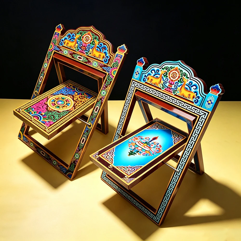 Tibetan Painted Solid Wood Scripture Reading Stand, Double Deer Buddha Design Foldable Prayer Book Holder, Home Altar Book Rack