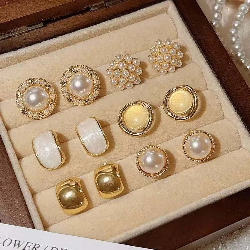 12 Pieces/set of Elegant Temperament Imitation Pearl Round Square Earrings Women's Daily Wear Holiday Accessories Gifts