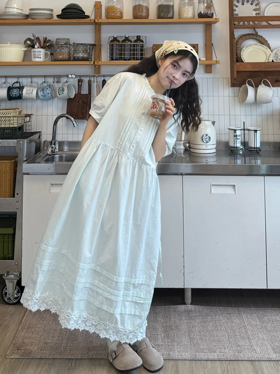 

Loose Lace Splice Summer Dress Women's plus Size Clothing Gentle Style Long Dress City Commuting Short Sleeve High Waist