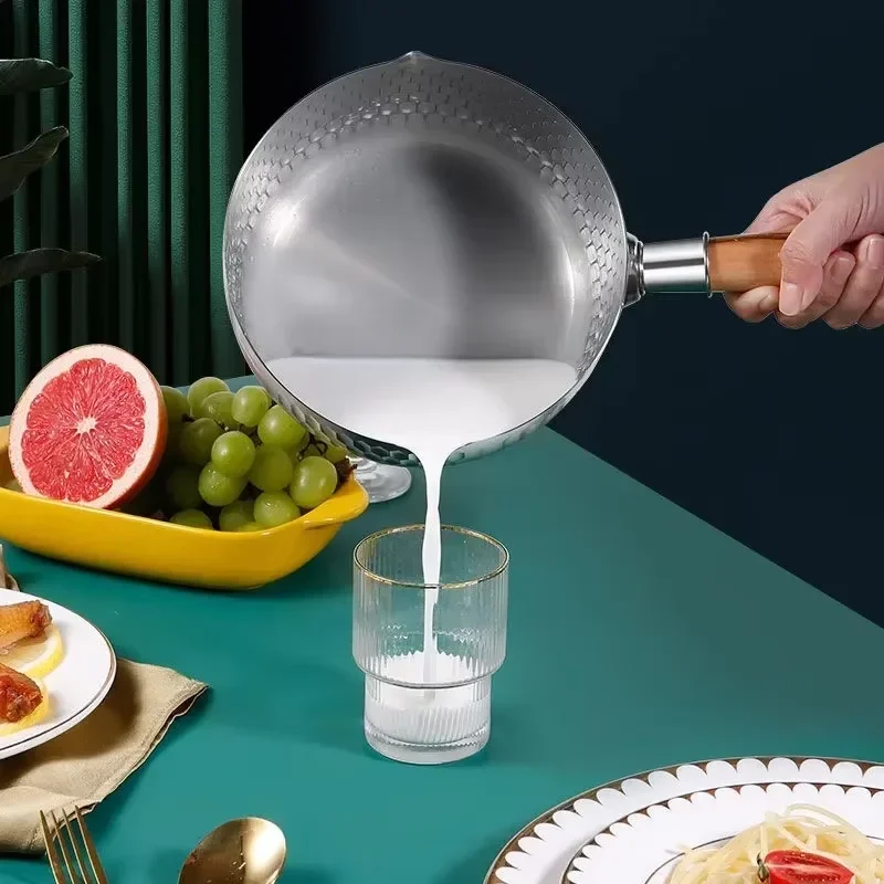 مقلاة من الفولاذ المقاوم للصدأ 316 بمقبض من الخشب الصلب مع خطاف مقلاة صلصة متعددة الأغراض مع فوهات صب، وعاء صلصة، وعاء الطبخ