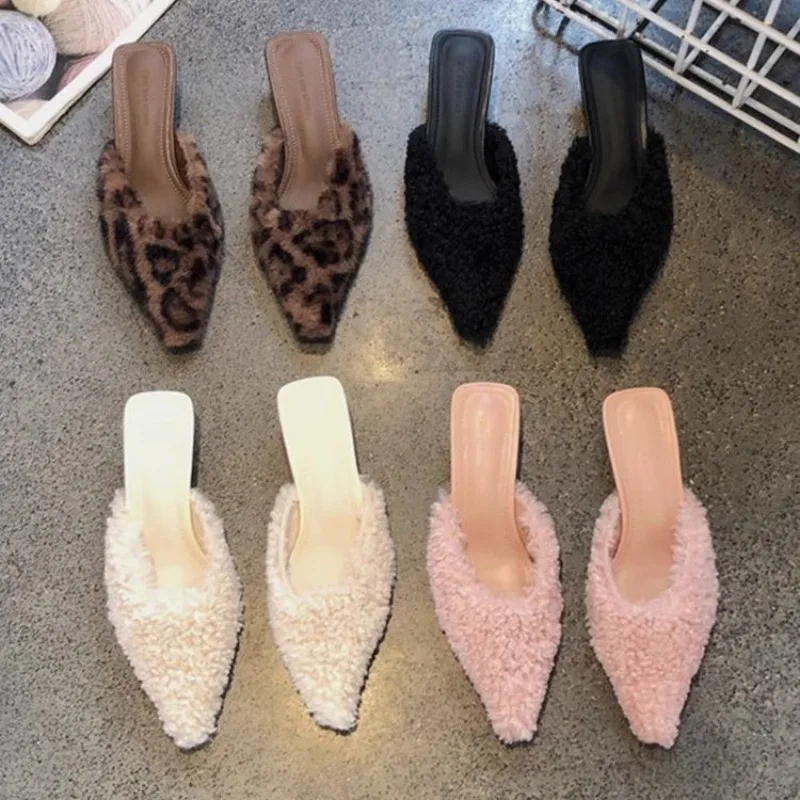 

New Style Fashion Slippers Casual Shoes Woman Pink Slides Shallow Butterfly-Knot Cover Toe Fur Flip Flops Pantofle Luxury Plush