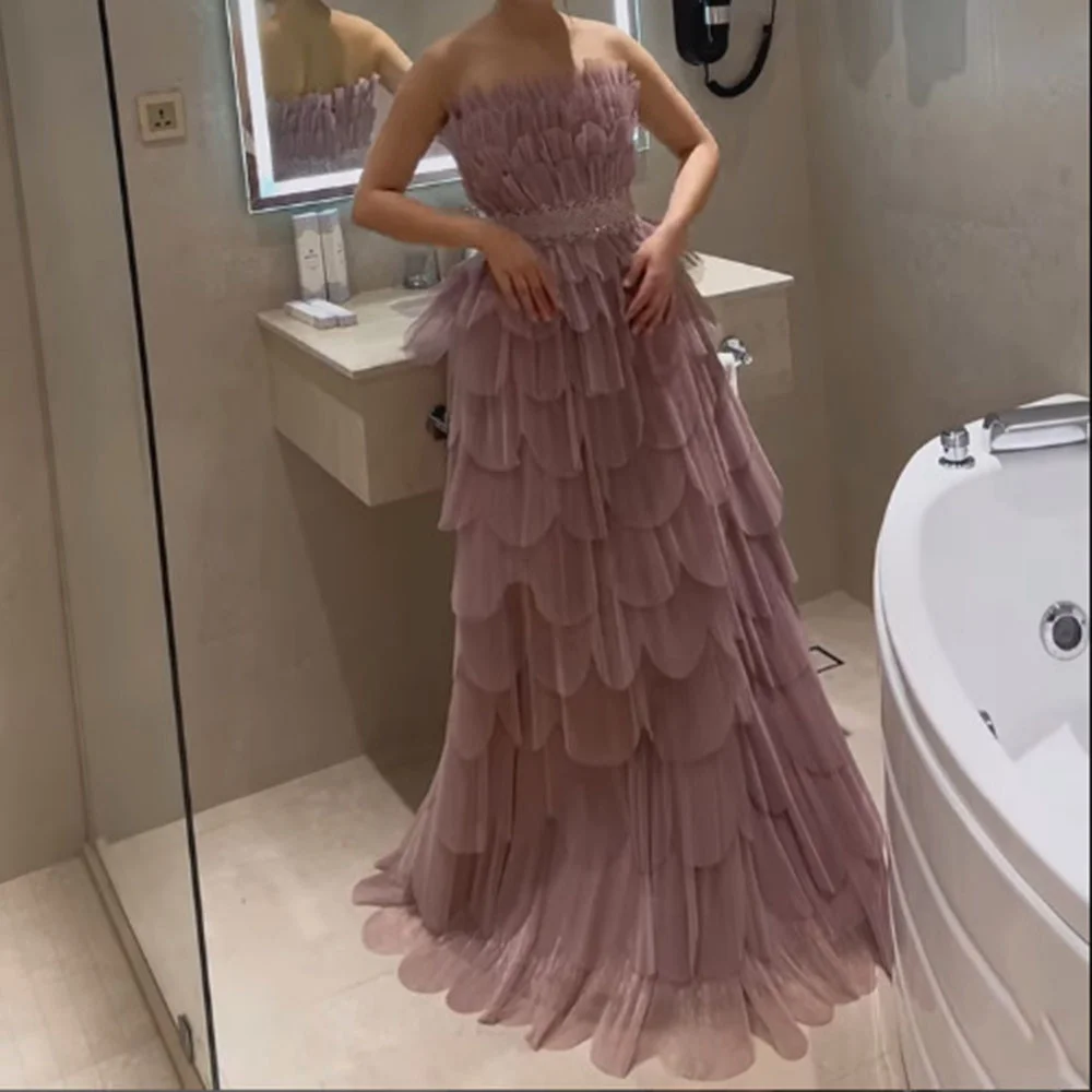 

Customized A-line Evening Dresses Floor-length Strapless Sleeveless Prom Gown Simple Fashion Sequined Tiered Draped Party Gown