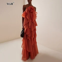 VGH Chic Long Style Women's Loose Dresses with Ruffles Halter Sleeveless Spliced Large Flower Chiffon Dress Female Clothing New