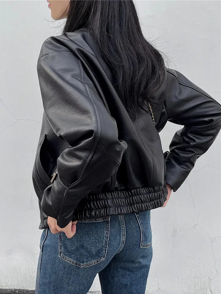 Black Short Genuine Leather Motorcycle Jackets for Women Spring Autumn 2026 New High-end Simple Soft Bubble Real Sheepskin Coat view 3