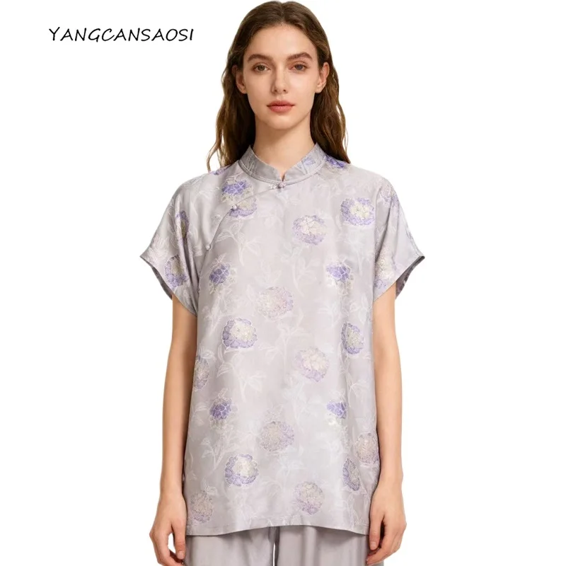 

2025 Women's Fashion New Blue Embroidered Flower 100% Natural Mulberry Silk Song Brocade Versatile Short-sleeved T-shirt