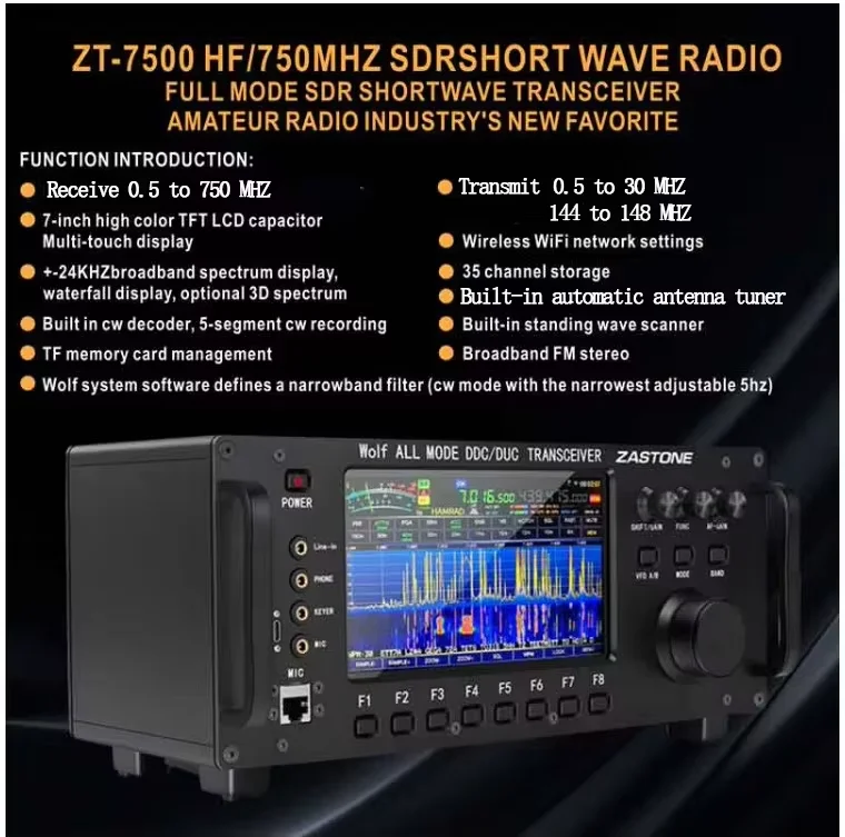 Transceptor de onda corta ZT7500 SDR Wolf HF LF VHF UHF DDC DUC todos los modos CB Radio 100W 0-750MHZ recibir pantalla táctil
