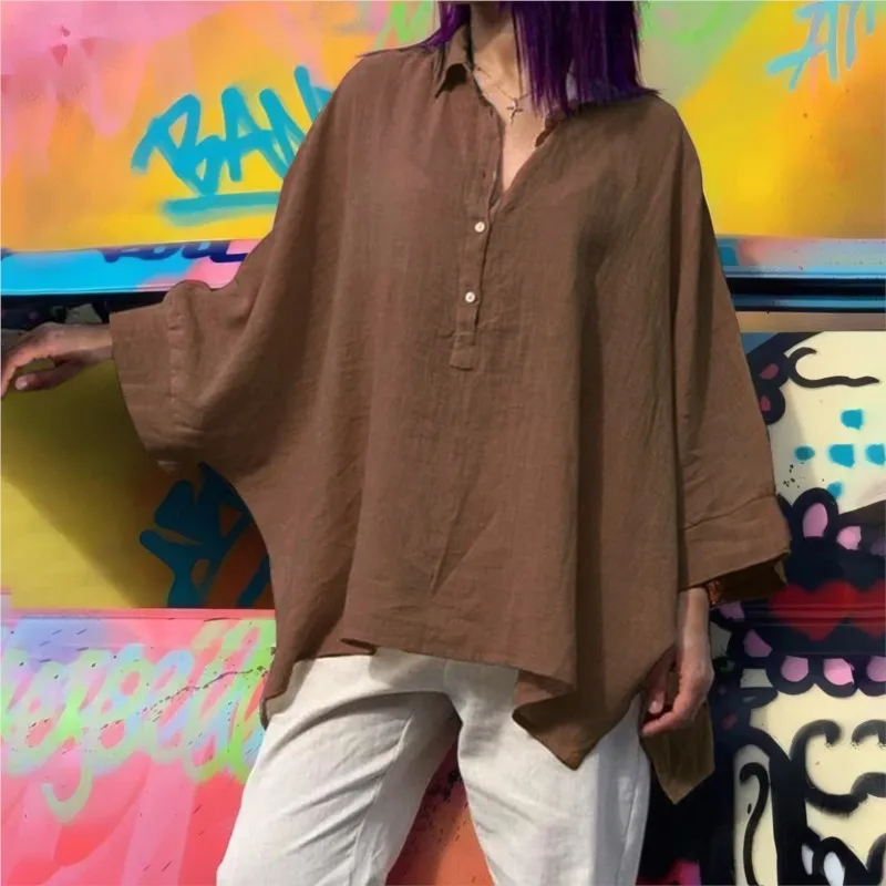 Kemeja Linen Katun Longgar Wanita; Atasan Besar Lengan Sayap Kelelawar Modis Blus Warna Polos Kasual Musim Semi Musim Gugur dan Atasan Wanita