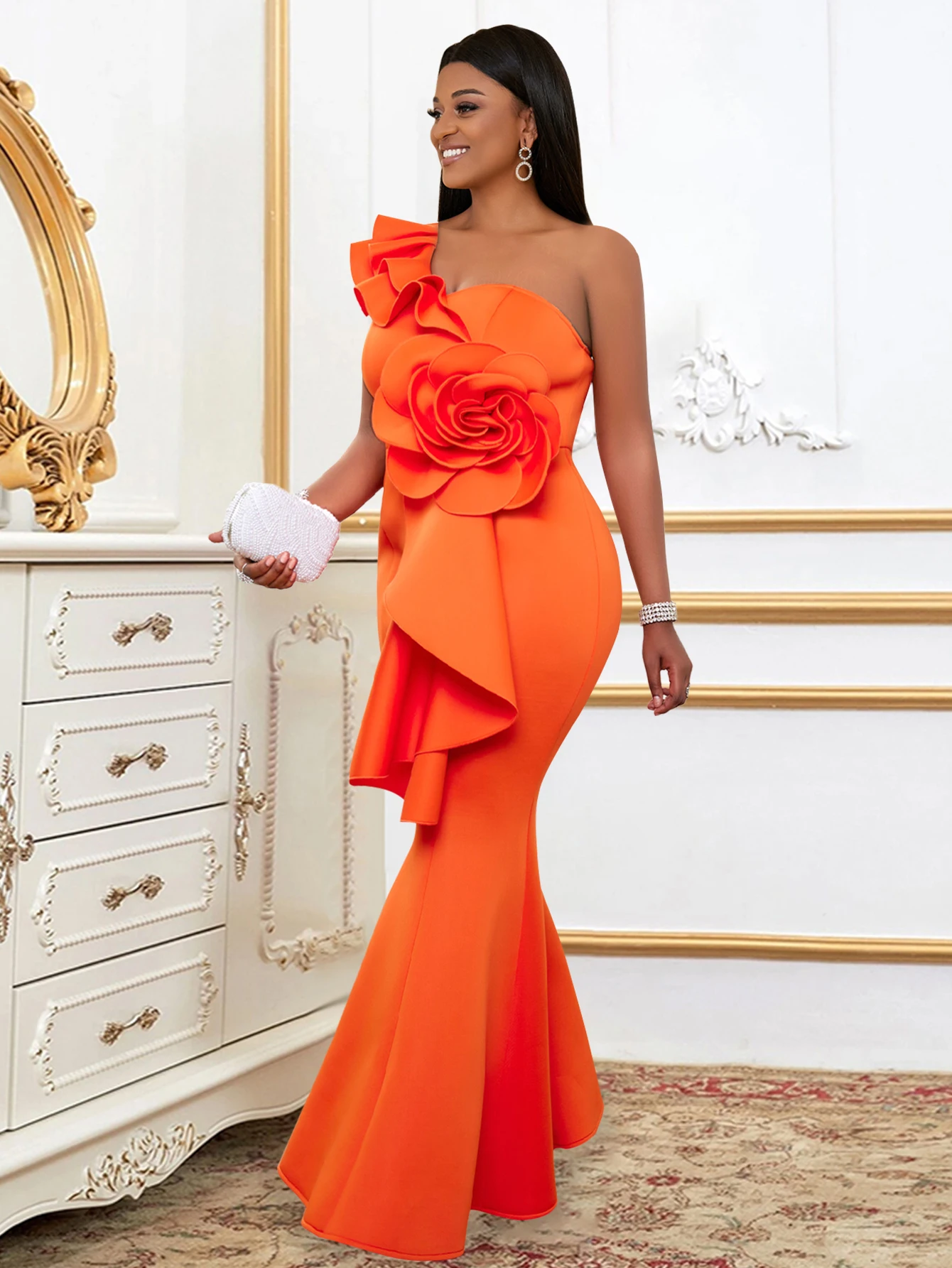 Orange Evening Dresses for Women One Shoulder Ruffles Flower Empire Bodycon Maxi Cocktail Large Size Event Gowns Outfits