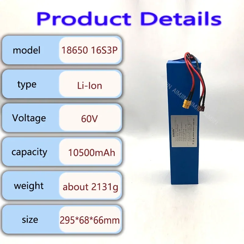 Batería de iones de litio AIMJIN 18650 16S3P60V10.5Ah adecuada para scooter Eléctrico de batería de bicicleta de montaña de alta potencia con enchufe BMS XT60 + JST