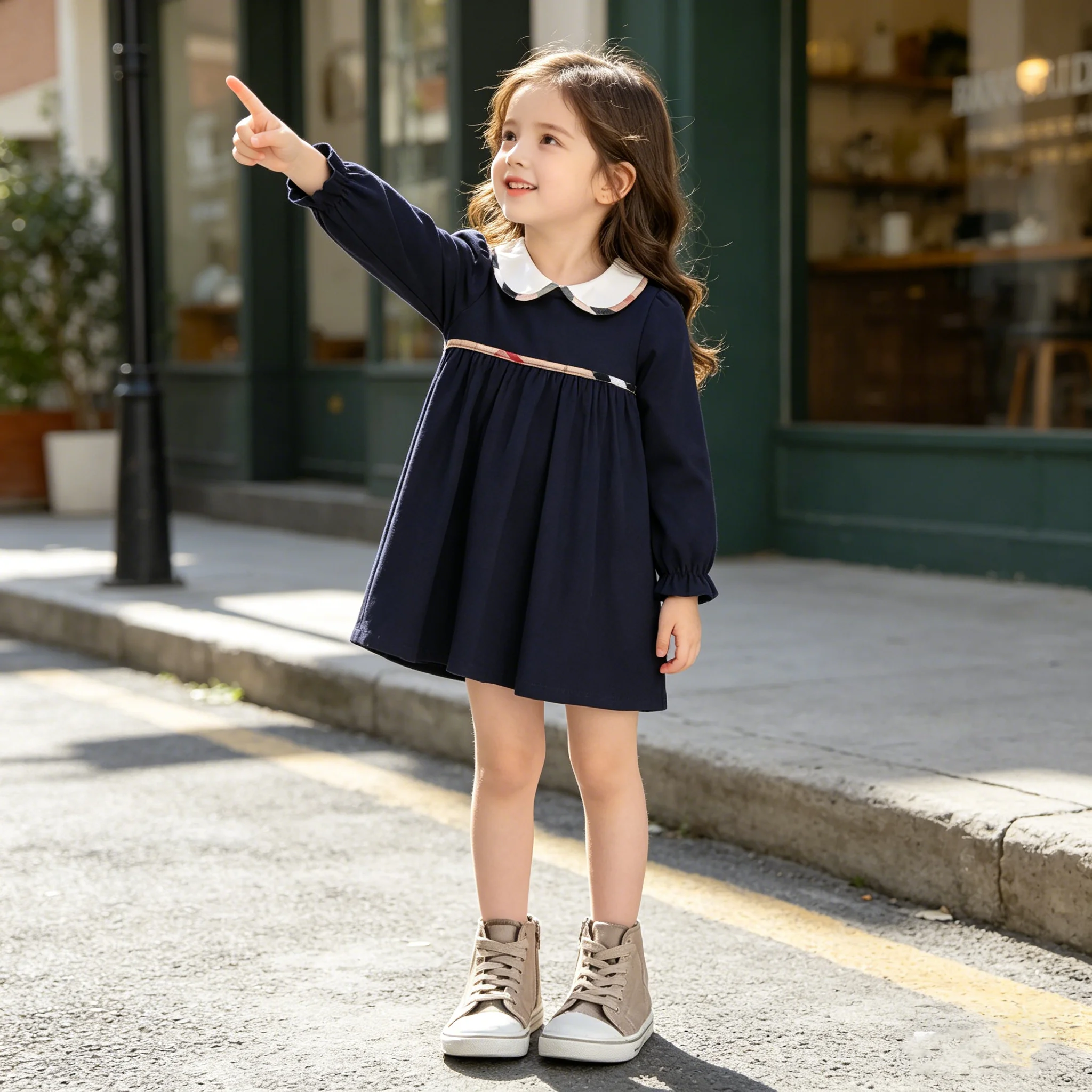 Girls Fall Dress Striped Round-Neck Ruffle Striped Long Sleeve Cotton Linen A-line Dress with Back Buttons for Kids 2-7Years