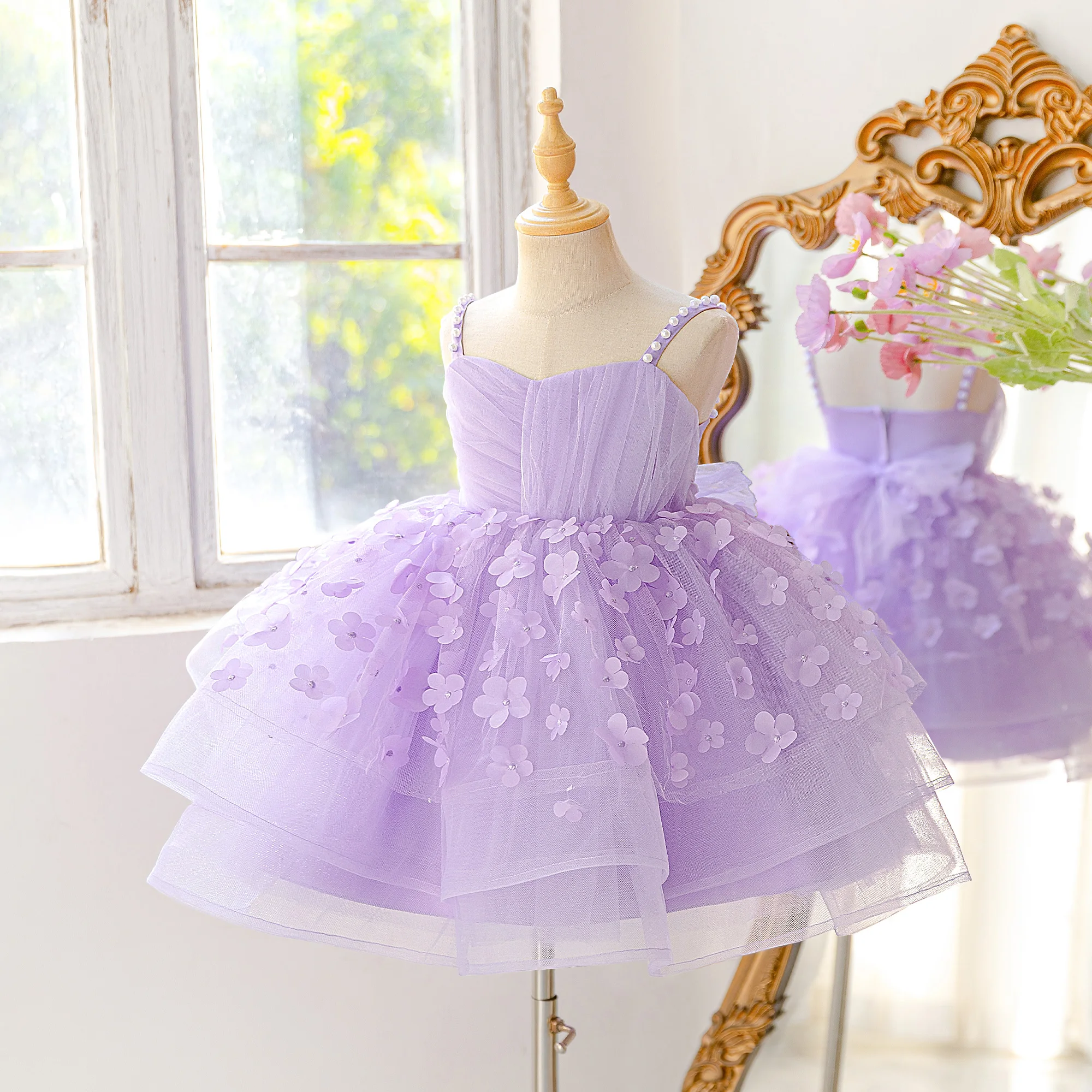 Elegant Flower Party Girls Dress Summer Wedding Bridesmaids Princess Prom Dresses Girl Bow Birthday Baptism Evening Kids Clothes view 4